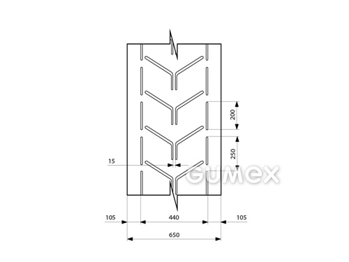 Gumový dopravníkový pás oderuvzdorný EP 400/3 Y CHEVRON profilový, 3vl, hrúbka 8mm, šírka 650mm, profil L44, krytie 3,5+1,5, profil šírky 440mm, ťažšie zaťaženie, obrusivosť max. 120mm3, -25°C/+60°C, čierny